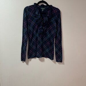 Lauren Ralph Lauren Plaid Ruffle Blouse Navy green & Pink Med, long sleeve 6074